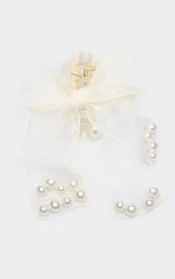 Cream Orgnaza Bow Pearl Detail Hair Claw