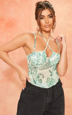 Cream Paisley Print Mesh Corset