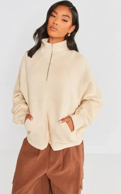 Cream Panel Detail Zip Up Pocket Sweatshirt