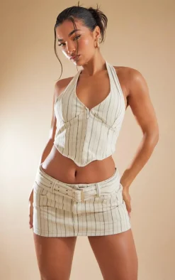 Cream Pinstripe Belted Denim Micro Mini Skirt