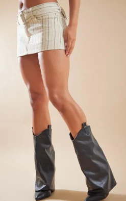 Cream Pinstripe Belted Denim Micro Mini Skirt