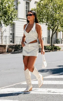 Cream Pinstripe Belted Denim Micro Mini Skirt