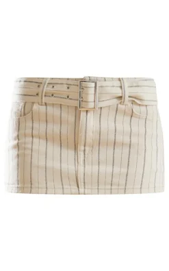 Cream Pinstripe Belted Denim Micro Mini Skirt