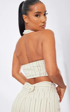 Cream Pinstripe Denim Halterneck Top