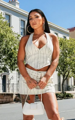 Cream Pinstripe Denim Halterneck Top