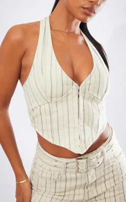 Cream Pinstripe Denim Halterneck Top