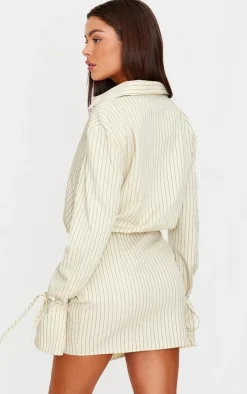 Cream Pinstripe Wrap Shift Dress
