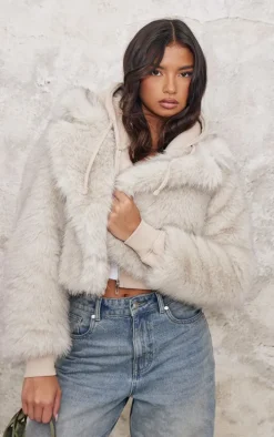 Cream Plush Faux Fur Collar Detail Coat