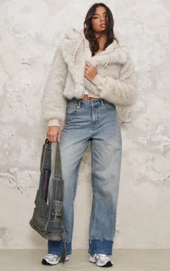 Cream Plush Faux Fur Collar Detail Coat