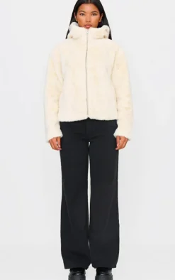 Cream Plush Faux Fur Hooded Zip Up Jacket