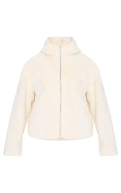 Cream Plush Faux Fur Hooded Zip Up Jacket