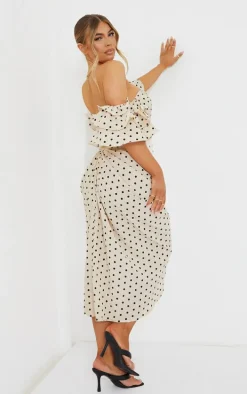 Cream Polka Dot Bardot Frill Sleeve Draped Midi Dress