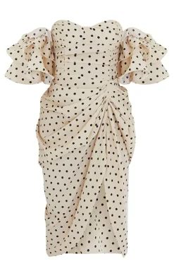 Cream Polka Dot Bardot Frill Sleeve Draped Midi Dress