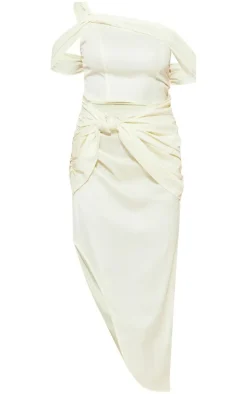 Cream Print Satin One Shoulder Knot Detail Midi Dress
