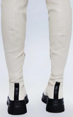 Cream PU Chunky Arched Sole Over The Knee Boots