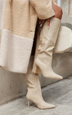 Cream PU Croc Detail Point Toe Stiletto Heeled Knee Boots