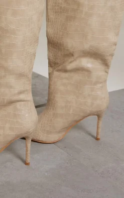 Cream PU Croc Detail Point Toe Stiletto Heeled Knee Boots
