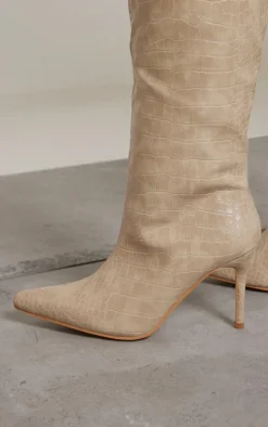 Cream PU Croc Detail Point Toe Stiletto Heeled Knee Boots