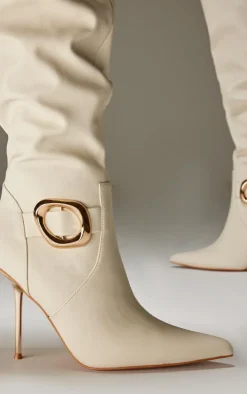 Cream PU Gold Buckle Point Toe High Stiletto Over The Knee Boots