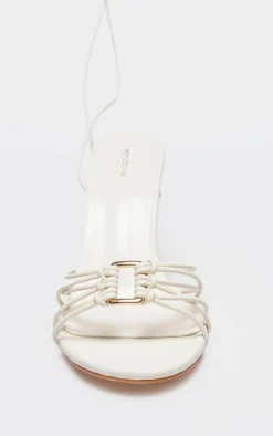 Cream PU Gold Buckle Round Toe Lace Up Heeled Sandals