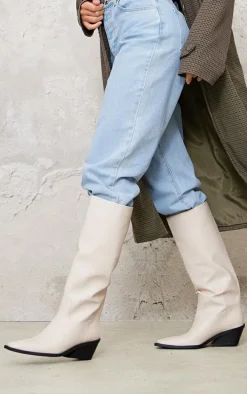 Cream PU Point Toe Black Heel Western Boots