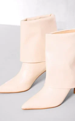 Cream PU Point Toe Fold Over Low Heeled Ankle Boots