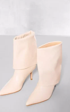 Cream PU Point Toe Fold Over Low Heeled Ankle Boots