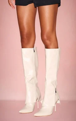 Cream PU Point Toe Fold Over Zip Detail High Stiletto Heeled Boots