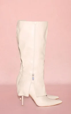Cream PU Point Toe Fold Over Zip Detail High Stiletto Heeled Boots