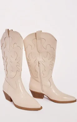 Cream Pu Point Toe Low Block Heel Stitched Western Boots