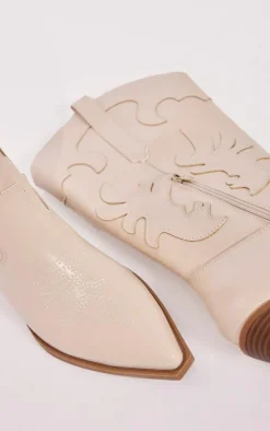 Cream Pu Point Toe Low Block Heel Stitched Western Boots