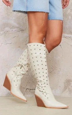 Cream PU Point Toe Silver Stud Knee High Block Heel Western Boots
