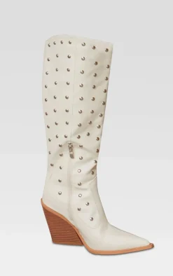 Cream PU Point Toe Silver Stud Knee High Block Heel Western Boots
