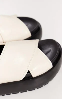 Cream PU Round Toe Cross Strap Chunky Platform Sandals