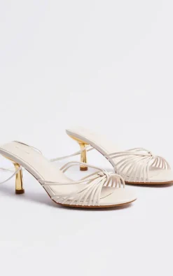 Cream PU Round Toe Knot Strap Detail Lace Up Heeled Sandals