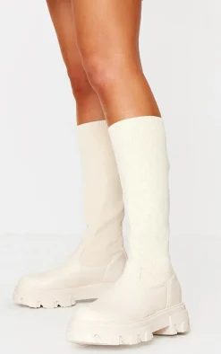 Cream Pu Round Toe Sock Boots