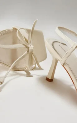 Cream PU Square Toe Bow Sling Back Mid Heeled Sandals