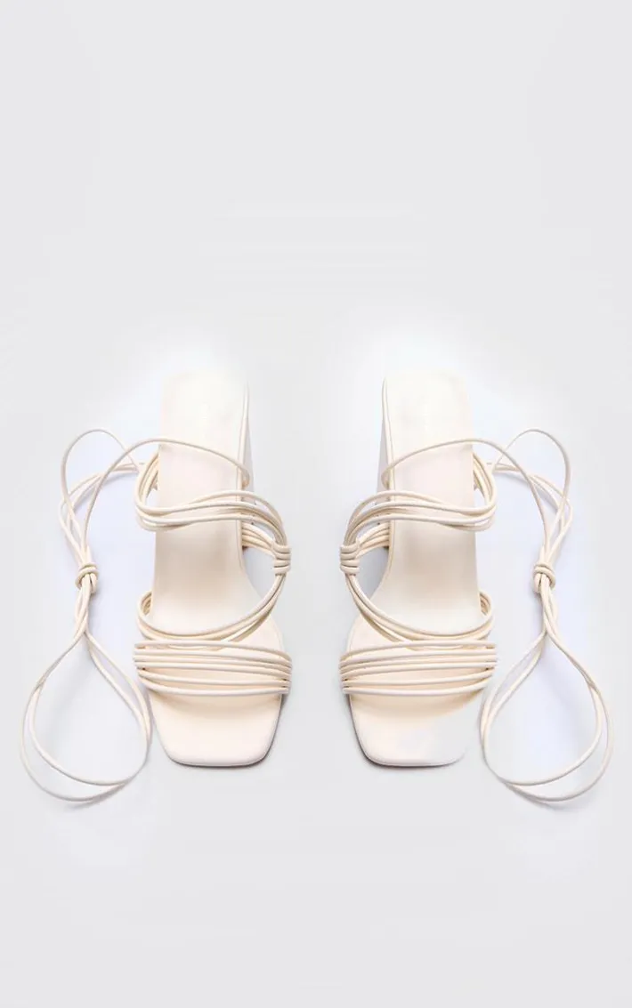 Cream PU Square Toe Strappy Lace Up Block Heeled Sandals
