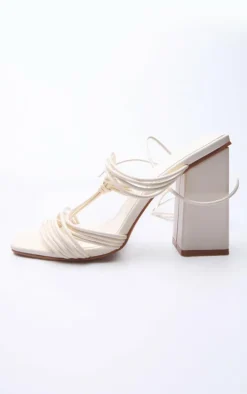 Cream PU Square Toe Strappy Lace Up Block Heeled Sandals
