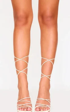Cream PU Square Toe Strappy Lace Up Heeled Sandals