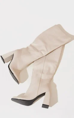 Cream Pu Toe Cap Flare Heeled Knee Boot