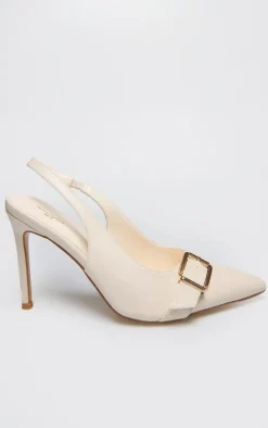 Cream PU Wide Fit Buckle Detail Stiletto High Heel Sling Back Court Heels