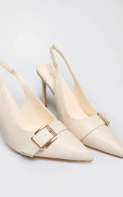 Cream PU Wide Fit Buckle Detail Stiletto High Heel Sling Back Court Heels