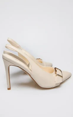 Cream PU Wide Fit Buckle Detail Stiletto High Heel Sling Back Court Heels