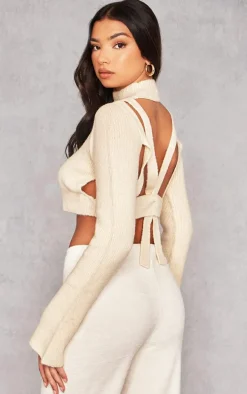 Cream Rib Knit Open Back Cropped Sweater