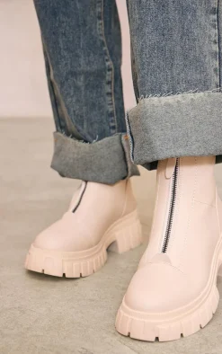 Cream Ribbed Chunky Sole Zip Up Ankle Boots