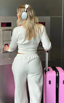 Cream Ribbed Hem Popper Detail Sweatshirt