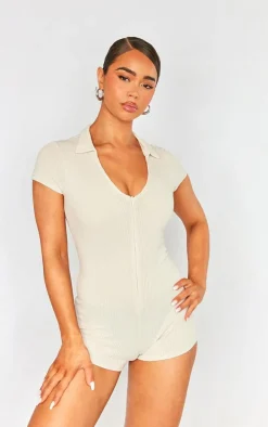 Cream Ribbed Jersey Zip Up Collar Romper