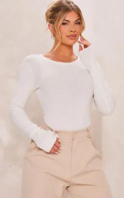 Cream Ribbed Knit Long Sleeve Bodysuit