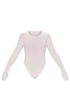 Cream Ribbed Knit Long Sleeve Bodysuit